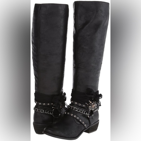 Venus Silver Embellished Chains and Lace Black Leather Riding Mid Calf Boots - Picture 2 of 9